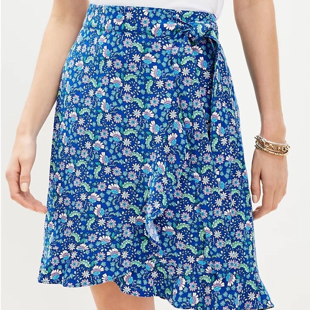 Loft Ann Taylor Floral Ruffle Linen Blend Wrap Skirt Blue Calico Back Zip Sz 14 - Picture 2 of 9